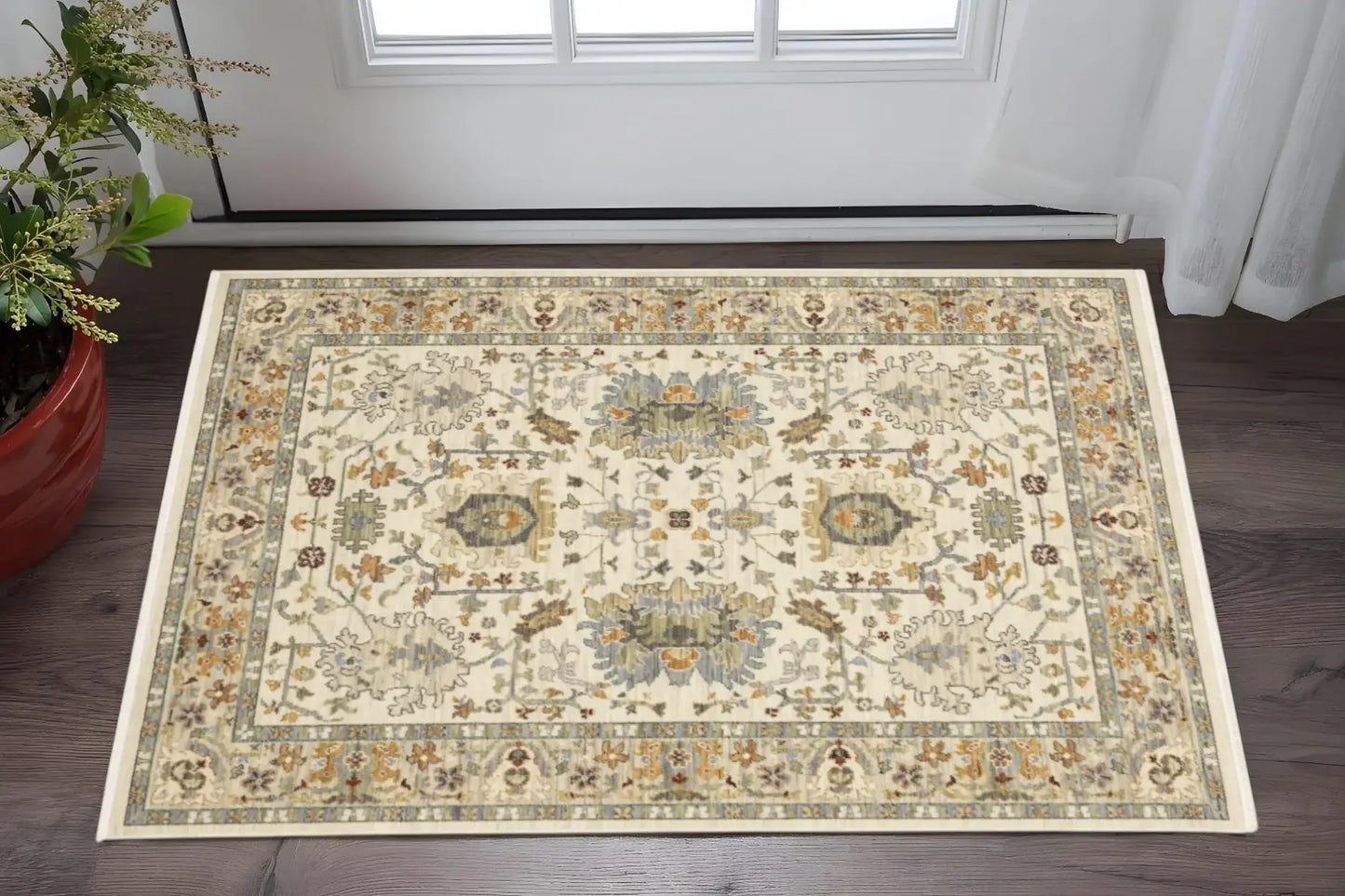 3' X 5' Ivory Grey Orange Green Blue And Red Oriental Power Loom Stain Resistant Area Rug With Fringe - Homeroots - Flyclothing LLC