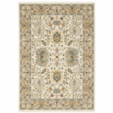 5' X 8' Brown And Ivory Oriental Power Loom Stain Resistant Area Rug With Fringe