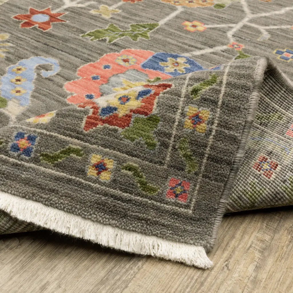 2' X 6' Grey Blue Pink Orange Rust Red Green And Ivory Oriental Power Loom Stain Resistant Runner Rug With Fringe - Homeroots - Flyclothing LLC