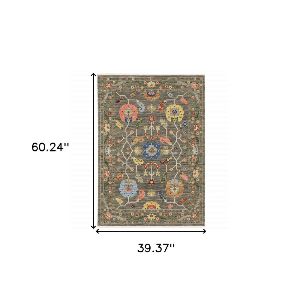 3' X 5' Grey Blue Pink Orange Rust Red Green And Ivory Oriental Power Loom Stain Resistant Area Rug With Fringe - Homeroots - Flyclothing LLC