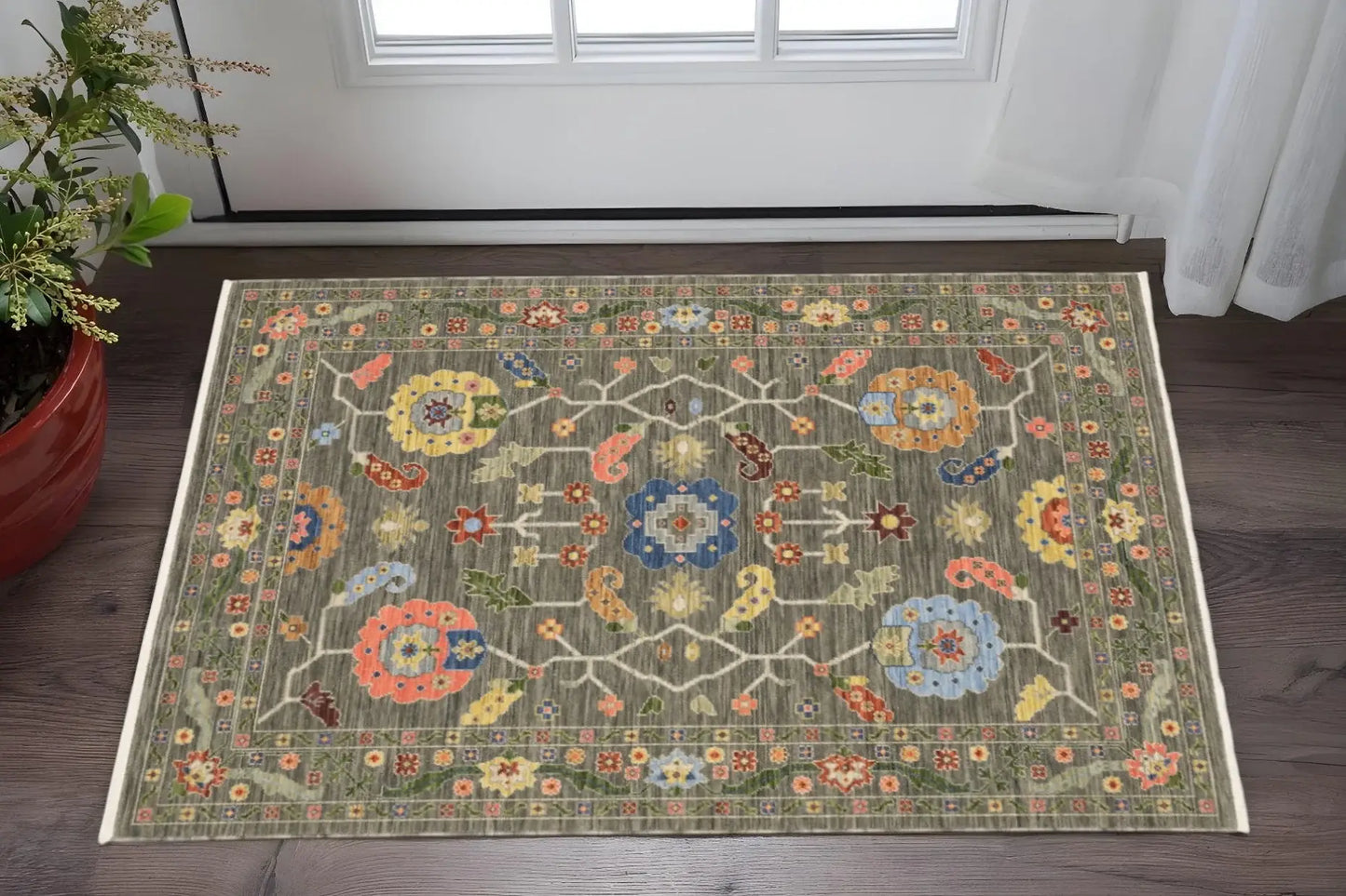 3' X 5' Grey Blue Pink Orange Rust Red Green And Ivory Oriental Power Loom Stain Resistant Area Rug With Fringe - Homeroots - Flyclothing LLC