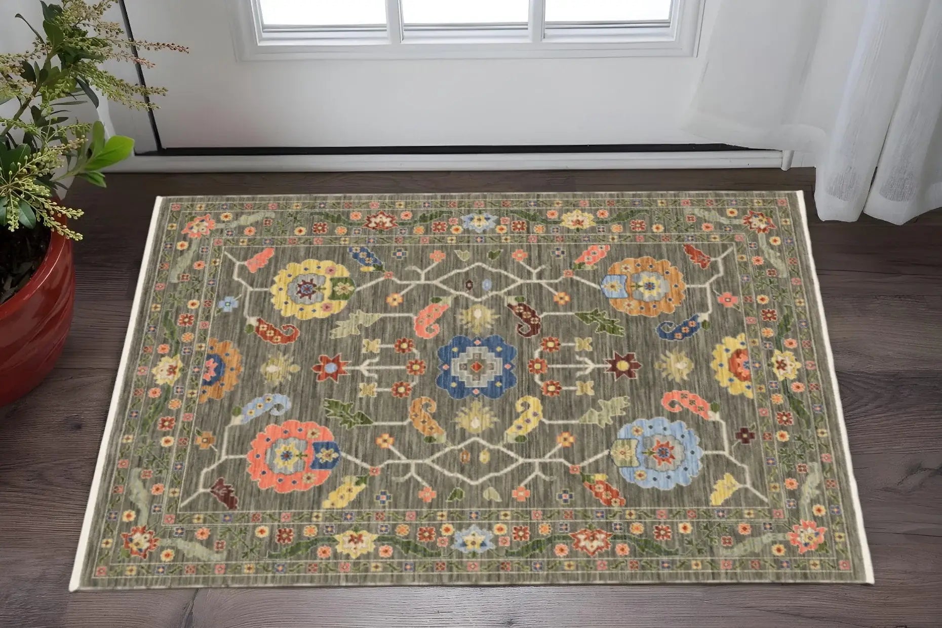 3' X 5' Grey Blue Pink Orange Rust Red Green And Ivory Oriental Power Loom Stain Resistant Area Rug With Fringe - Homeroots - Flyclothing LLC