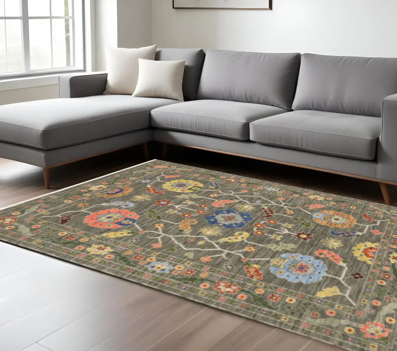 6' X 9' Grey Blue Pink Orange Rust Red Green And Ivory Oriental Power Loom Stain Resistant Area Rug With Fringe - Homeroots - Flyclothing LLC