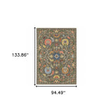 8' X 11' Grey Blue Pink Orange Rust Red Green And Ivory Oriental Power Loom Stain Resistant Area Rug With Fringe - Homeroots - Flyclothing LLC