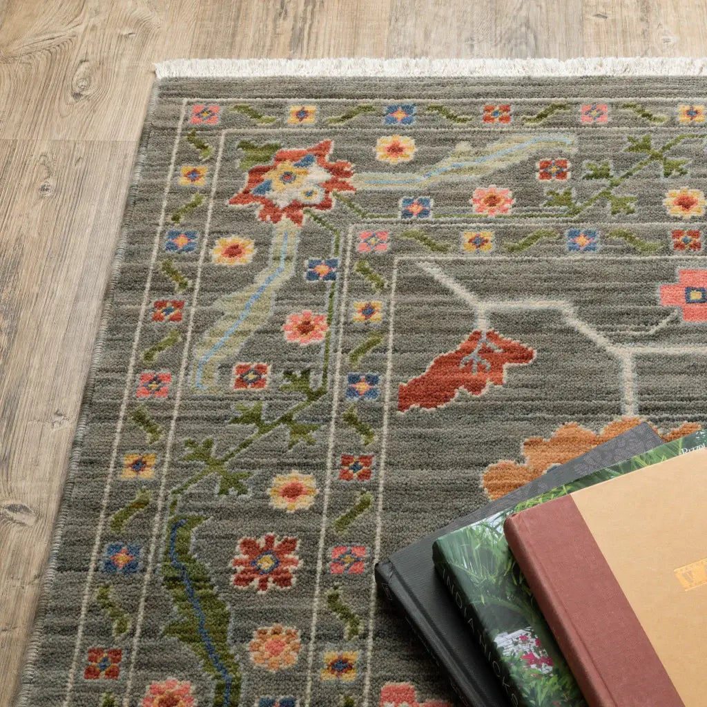 8' X 11' Grey Blue Pink Orange Rust Red Green And Ivory Oriental Power Loom Stain Resistant Area Rug With Fringe - Homeroots - Flyclothing LLC