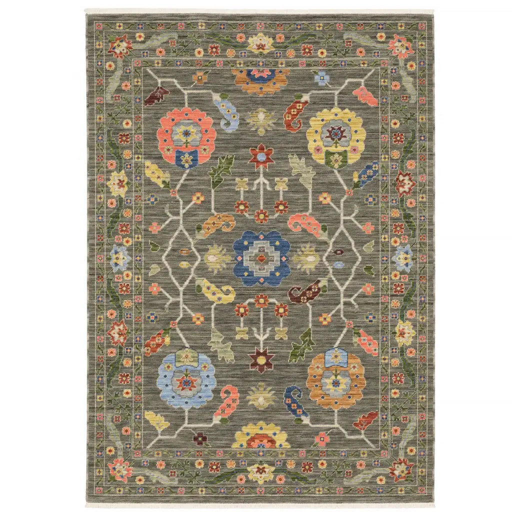 10' X 13' Grey Blue Pink Orange Rust Red Green And Ivory Oriental Power Loom Stain Resistant Area Rug With Fringe - Homeroots - Flyclothing LLC