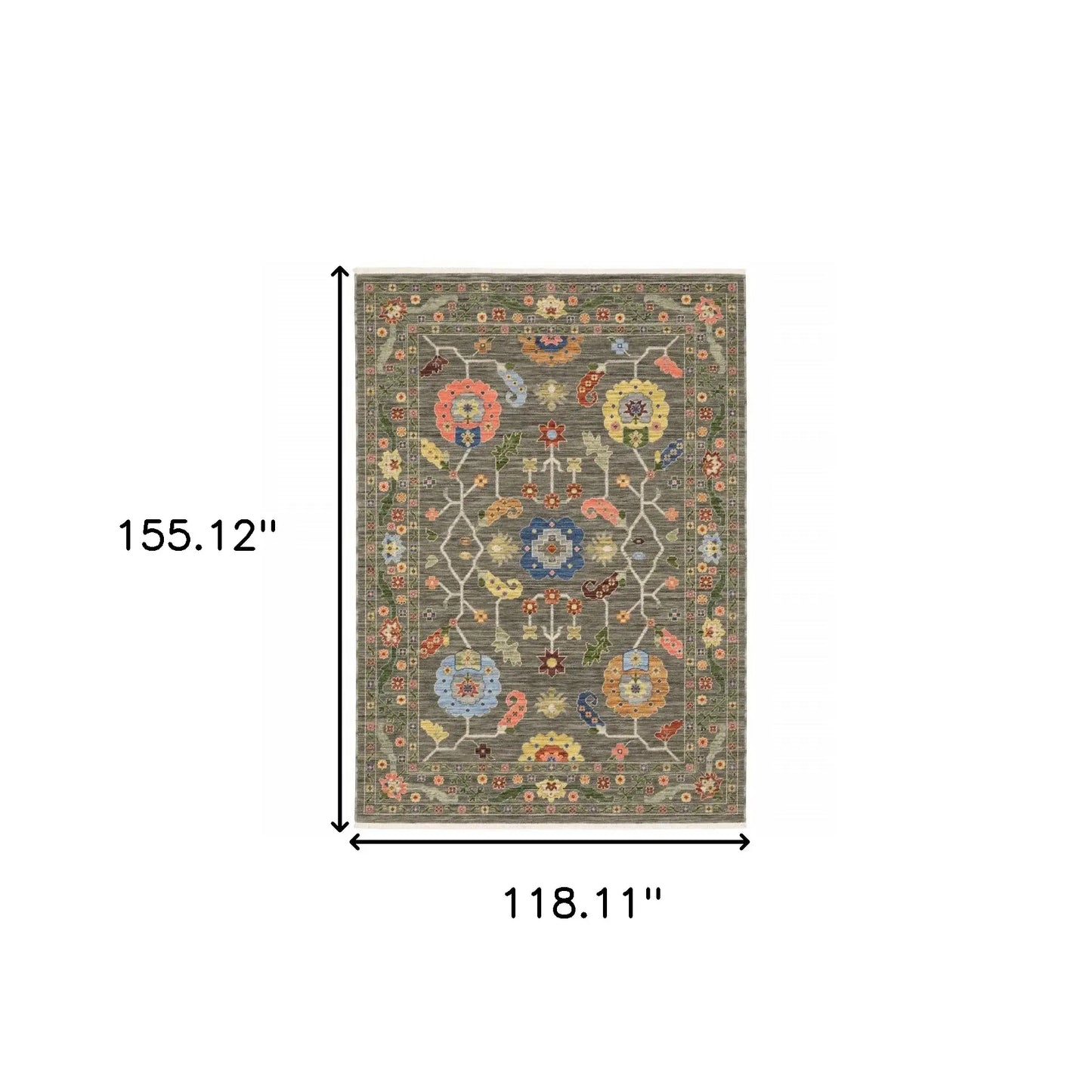10' X 13' Grey Blue Pink Orange Rust Red Green And Ivory Oriental Power Loom Stain Resistant Area Rug With Fringe - Homeroots - Flyclothing LLC