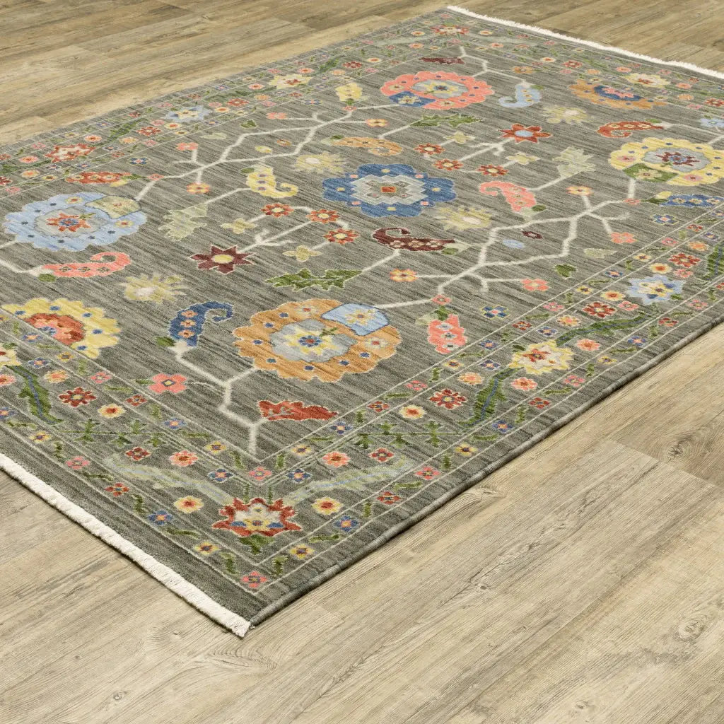 10' X 13' Grey Blue Pink Orange Rust Red Green And Ivory Oriental Power Loom Stain Resistant Area Rug With Fringe - Homeroots - Flyclothing LLC