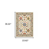 2' X 3' Ivory Green Blues Pink Yellow Rust Brown Tan And Grey Oriental Power Loom Stain Resistant Area Rug With Fringe - Homeroots - Flyclothing LLC