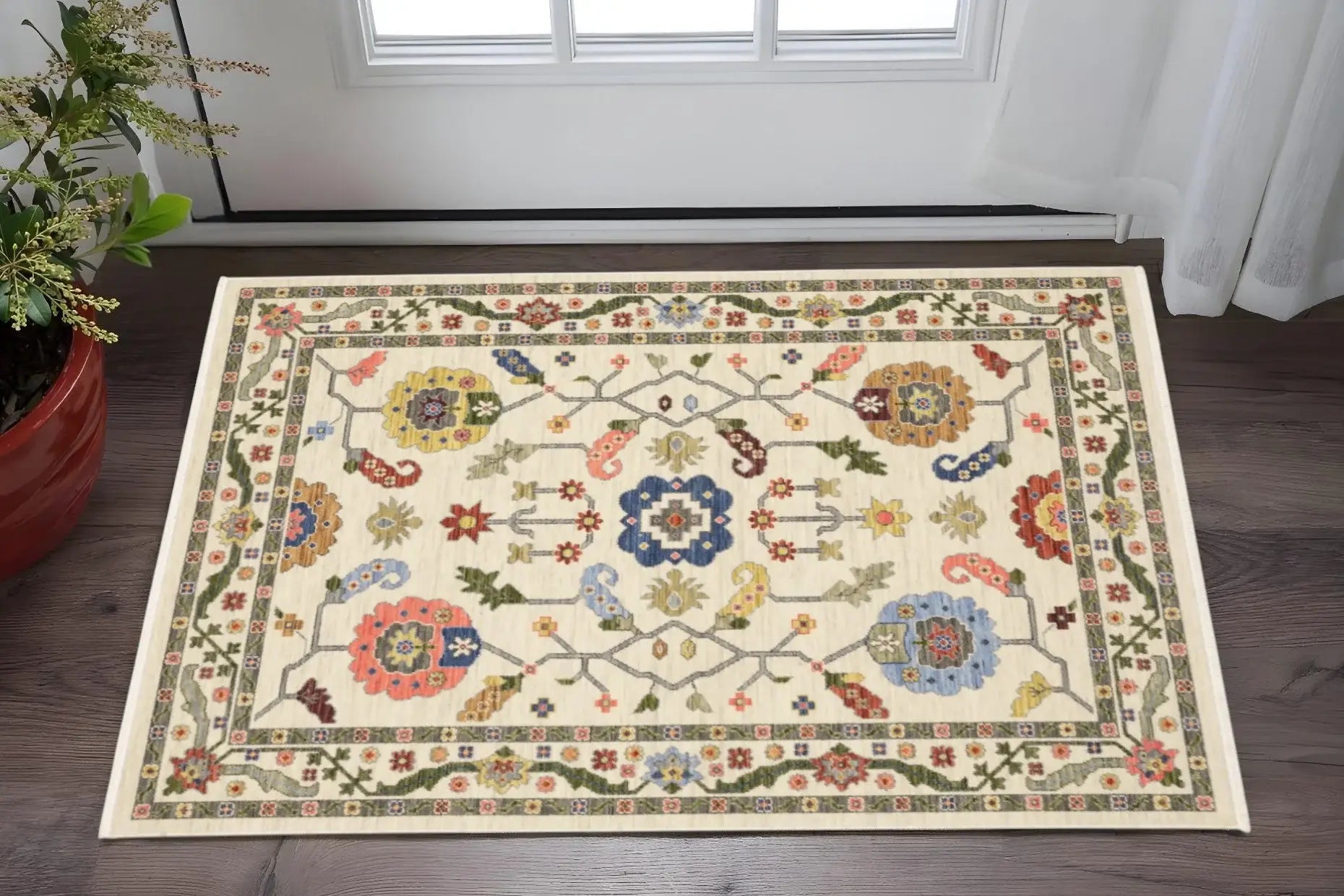 3' X 5' Ivory Green Blues Pink Yellow Rust Brown Tan And Grey Oriental Power Loom Stain Resistant Area Rug With Fringe - Homeroots - Flyclothing LLC
