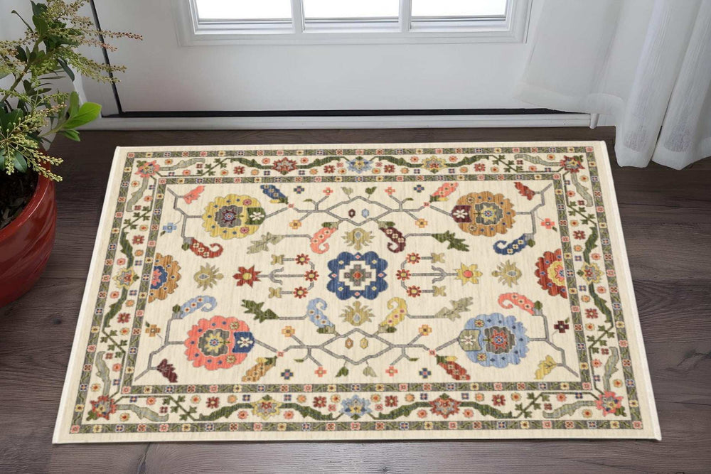 3' X 5' Ivory Green Blues Pink Yellow Rust Brown Tan And Grey Oriental Power Loom Stain Resistant Area Rug With Fringe - Homeroots - Flyclothing LLC