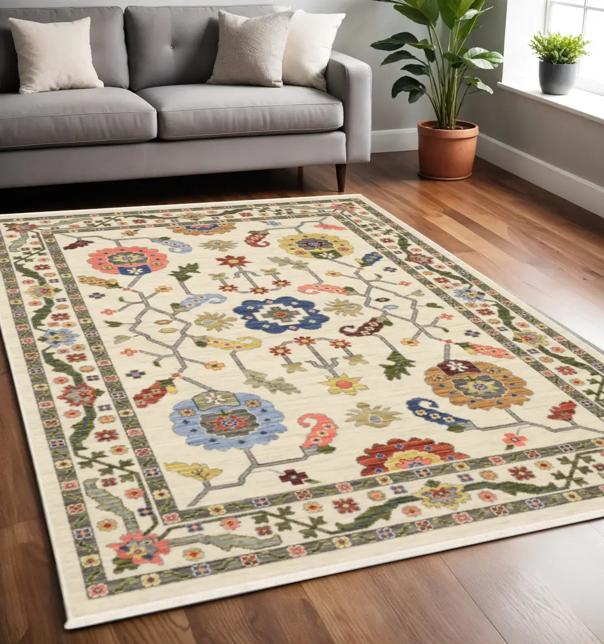 5' X 8' Ivory Green Blues Pink Yellow Rust Brown Tan And Grey Oriental Power Loom Stain Resistant Area Rug With Fringe - Homeroots - Flyclothing LLC