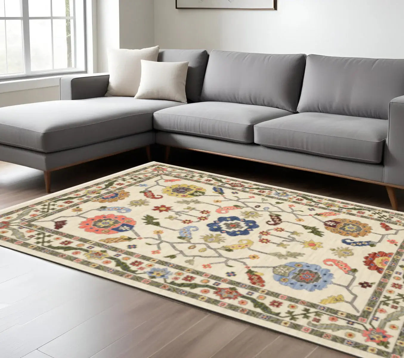 6' X 9' Ivory Green Blues Pink Yellow Rust Brown Tan And Grey Oriental Power Loom Stain Resistant Area Rug With Fringe - Homeroots - Flyclothing LLC