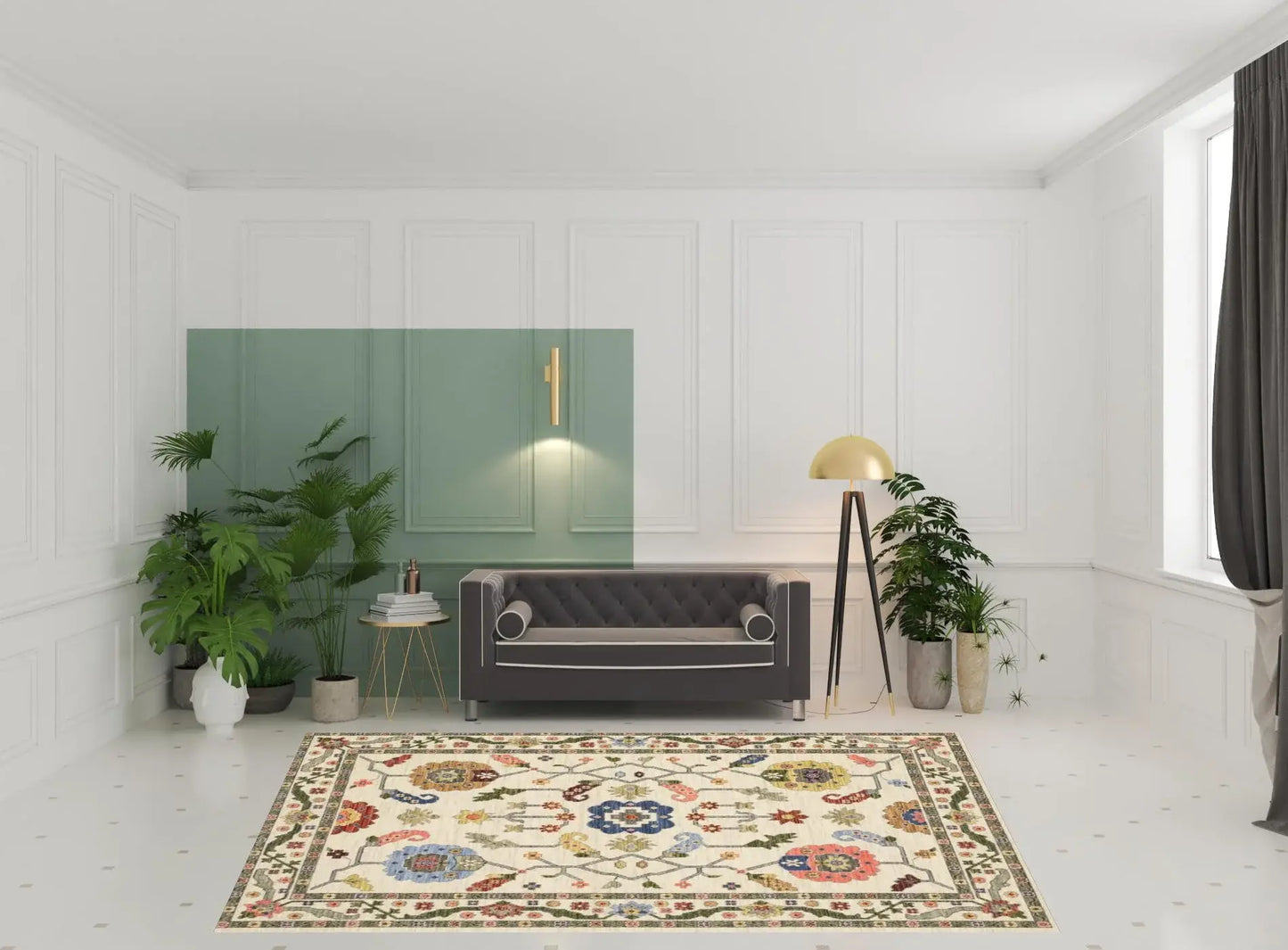 8' X 11' Ivory Green Blues Pink Yellow Rust Brown Tan And Grey Oriental Power Loom Stain Resistant Area Rug With Fringe - Homeroots - Flyclothing LLC