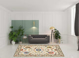 8' X 11' Ivory Green Blues Pink Yellow Rust Brown Tan And Grey Oriental Power Loom Stain Resistant Area Rug With Fringe - Homeroots - Flyclothing LLC
