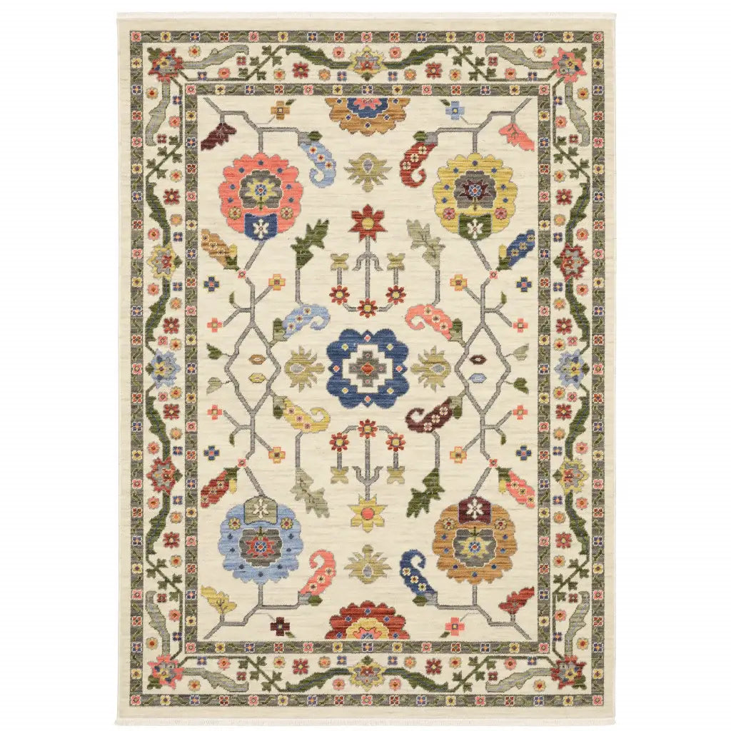 10' X 13' Ivory Green Blues Pink Yellow Rust Brown Tan And Grey Oriental Power Loom Stain Resistant Area Rug With Fringe - Homeroots - Flyclothing LLC