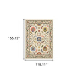 10' X 13' Ivory Green Blues Pink Yellow Rust Brown Tan And Grey Oriental Power Loom Stain Resistant Area Rug With Fringe - Homeroots - Flyclothing LLC