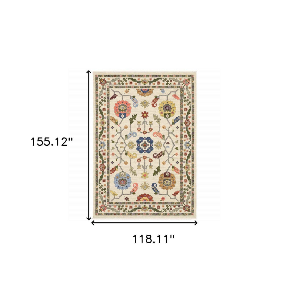 10' X 13' Ivory Green Blues Pink Yellow Rust Brown Tan And Grey Oriental Power Loom Stain Resistant Area Rug With Fringe - Homeroots - Flyclothing LLC