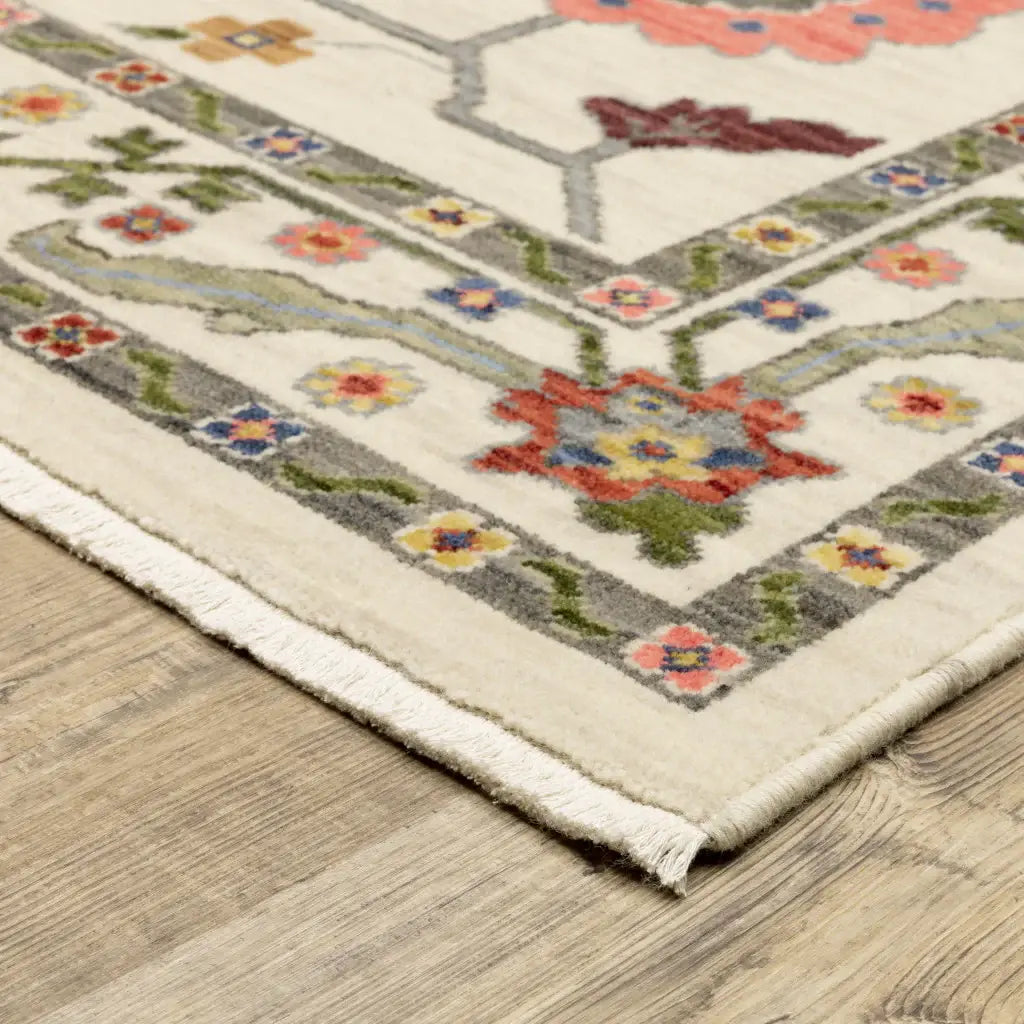 10' X 13' Ivory Green Blues Pink Yellow Rust Brown Tan And Grey Oriental Power Loom Stain Resistant Area Rug With Fringe - Homeroots - Flyclothing LLC