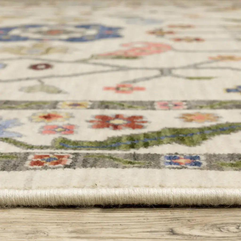 10' X 13' Ivory Green Blues Pink Yellow Rust Brown Tan And Grey Oriental Power Loom Stain Resistant Area Rug With Fringe - Homeroots - Flyclothing LLC