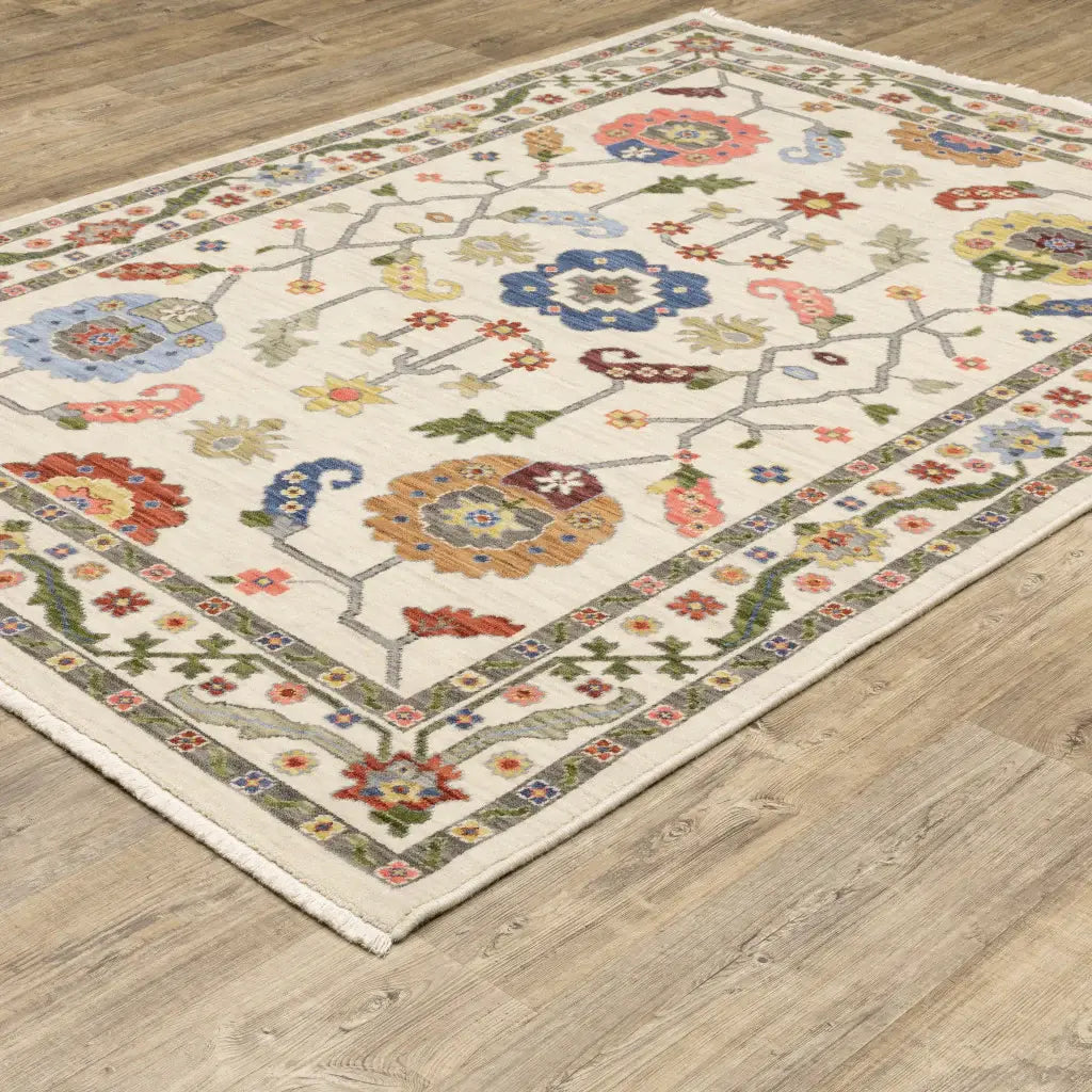 10' X 13' Ivory Green Blues Pink Yellow Rust Brown Tan And Grey Oriental Power Loom Stain Resistant Area Rug With Fringe - Homeroots - Flyclothing LLC