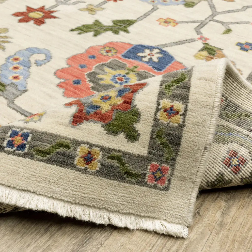 10' X 13' Ivory Green Blues Pink Yellow Rust Brown Tan And Grey Oriental Power Loom Stain Resistant Area Rug With Fringe - Homeroots - Flyclothing LLC