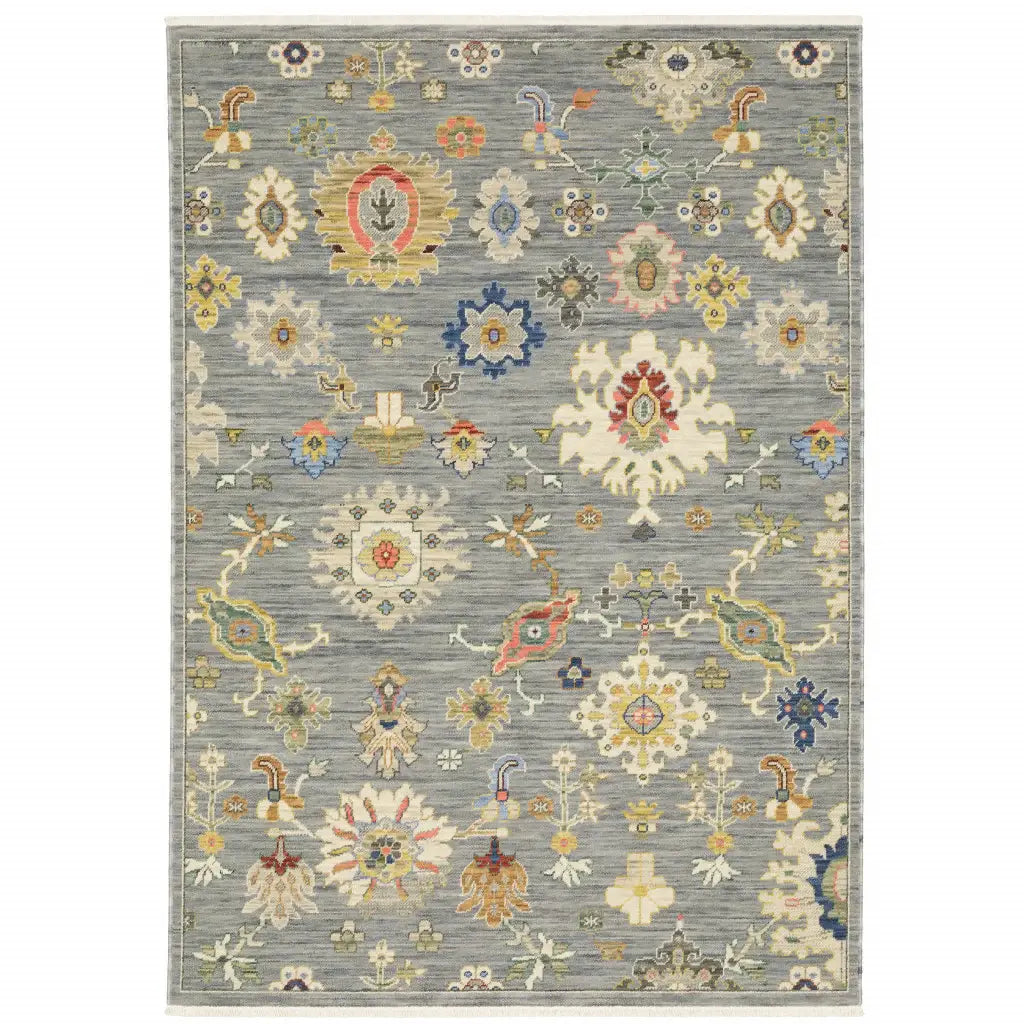 6' X 9' Grey Ivory Gold Salmon Red Blue And Green Oriental Power Loom Stain Resistant Area Rug With Fringe - Homeroots - Flyclothing LLC