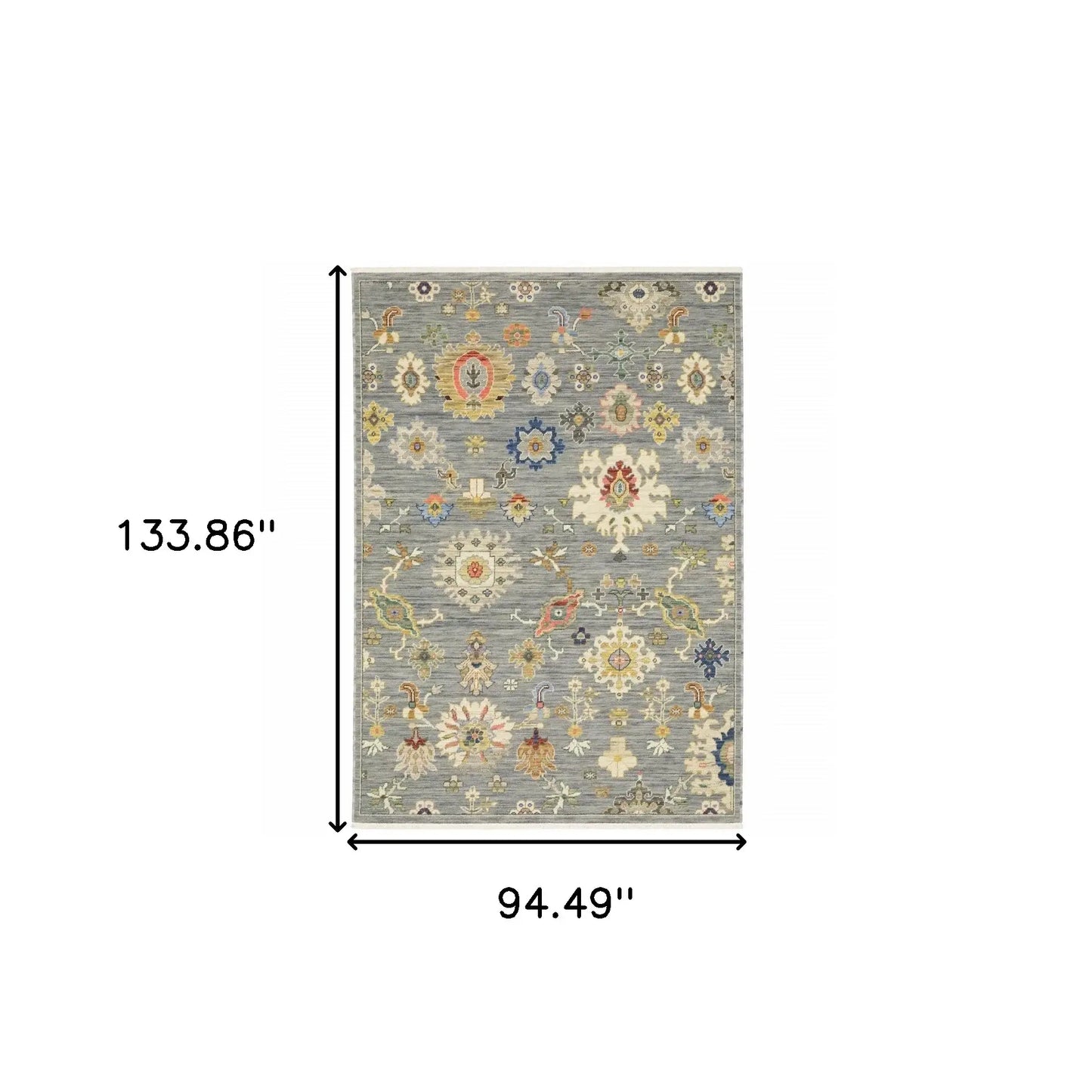 8' X 11' Grey Ivory Gold Salmon Red Blue And Green Oriental Power Loom Stain Resistant Area Rug With Fringe - Homeroots - Flyclothing LLC
