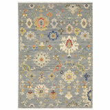 10' X 13' Grey Ivory Gold Salmon Red Blue And Green Oriental Power Loom Stain Resistant Area Rug With Fringe