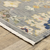 10' X 13' Grey Ivory Gold Salmon Red Blue And Green Oriental Power Loom Stain Resistant Area Rug With Fringe
