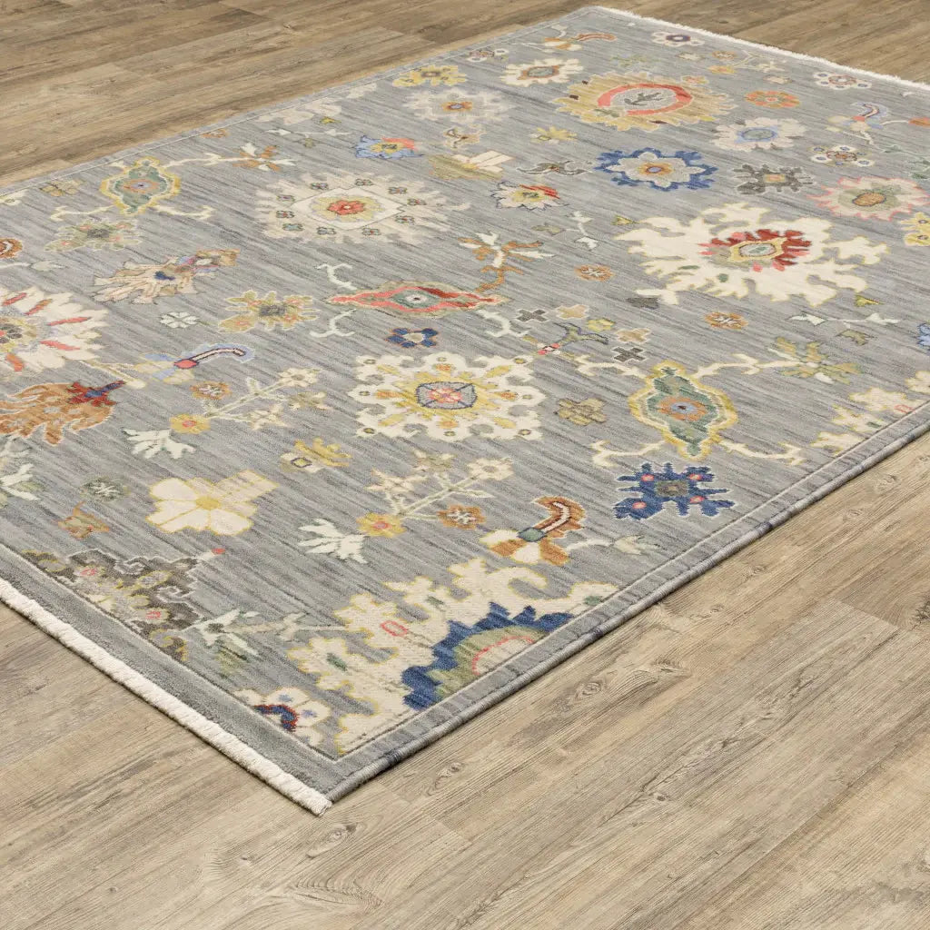 10' X 13' Grey Ivory Gold Salmon Red Blue And Green Oriental Power Loom Stain Resistant Area Rug With Fringe - Homeroots - Flyclothing LLC