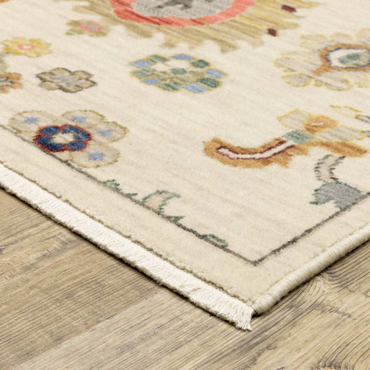 2' X 6' Ivory Beige Gold Grey Blue Pink Red Rust And Green Oriental Power Loom Stain Resistant Runner Rug With Fringe - Homeroots - Flyclothing LLC
