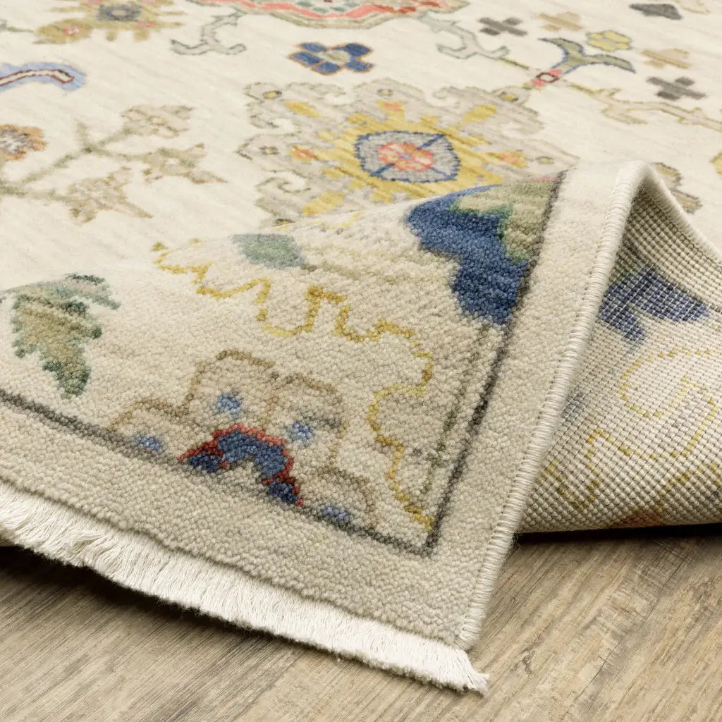 2' X 6' Ivory Beige Gold Grey Blue Pink Red Rust And Green Oriental Power Loom Stain Resistant Runner Rug With Fringe - Homeroots - Flyclothing LLC