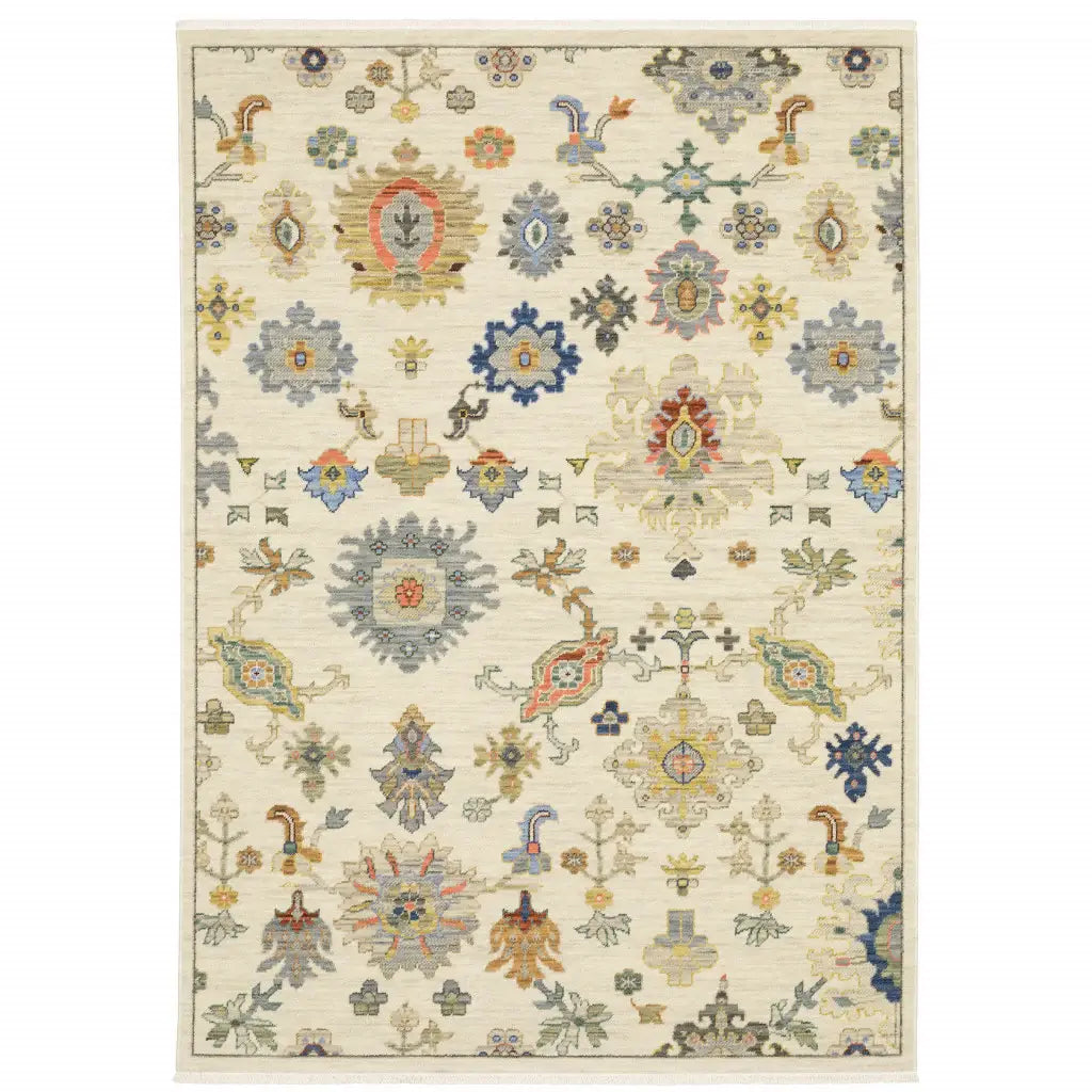 3' X 5' Ivory Beige Gold Grey Blue Pink Red Rust And Green Oriental Power Loom Stain Resistant Area Rug With Fringe - Homeroots - Flyclothing LLC