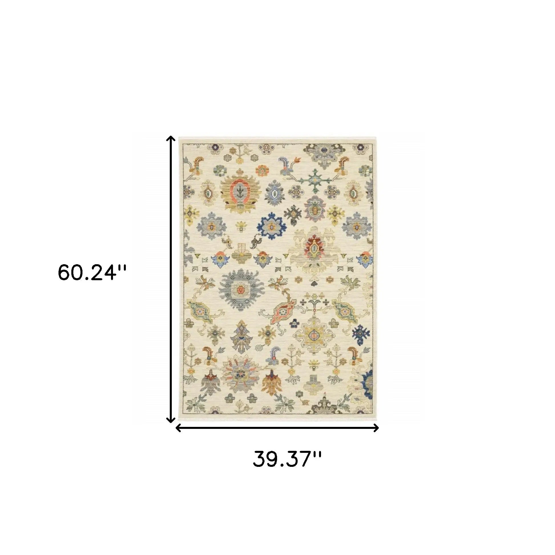 3' X 5' Ivory Beige Gold Grey Blue Pink Red Rust And Green Oriental Power Loom Stain Resistant Area Rug With Fringe - Homeroots - Flyclothing LLC
