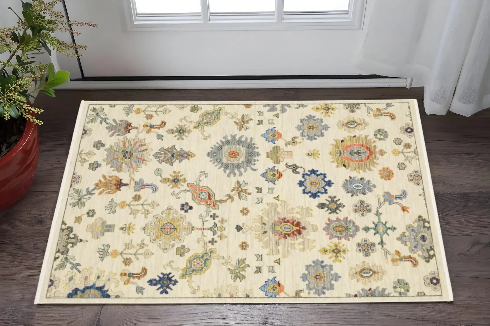 3' X 5' Ivory Beige Gold Grey Blue Pink Red Rust And Green Oriental Power Loom Stain Resistant Area Rug With Fringe - Homeroots - Flyclothing LLC