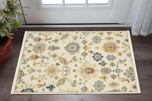 3' X 5' Ivory Beige Gold Grey Blue Pink Red Rust And Green Oriental Power Loom Stain Resistant Area Rug With Fringe - Homeroots - Flyclothing LLC