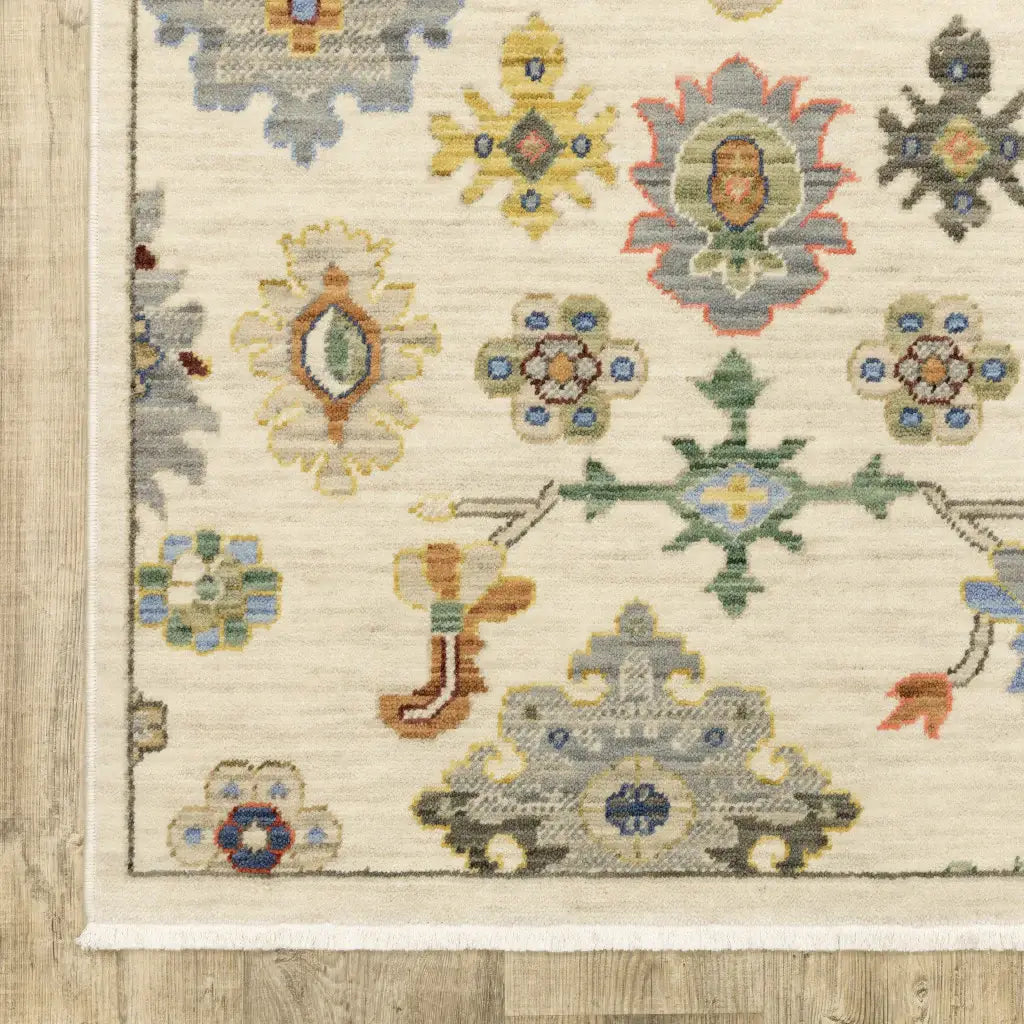 3' X 5' Ivory Beige Gold Grey Blue Pink Red Rust And Green Oriental Power Loom Stain Resistant Area Rug With Fringe - Homeroots - Flyclothing LLC
