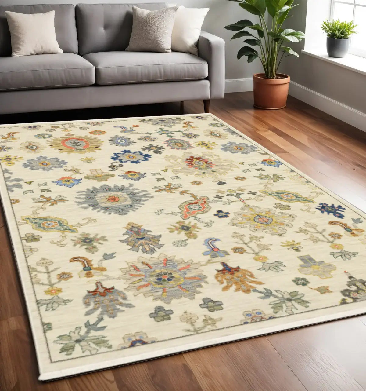 5' X 8' Ivory Beige Gold Grey Blue Pink Red Rust And Green Oriental Power Loom Stain Resistant Area Rug With Fringe - Homeroots - Flyclothing LLC