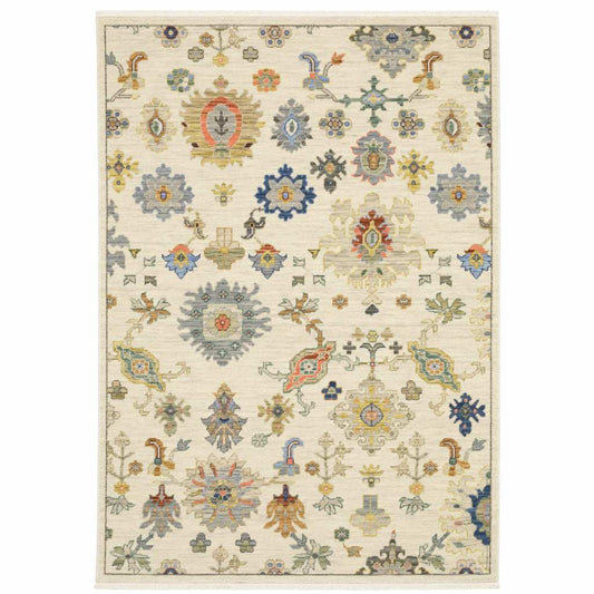6' X 9' Ivory Beige Gold Grey Blue Pink Red Rust And Green Oriental Power Loom Stain Resistant Area Rug With Fringe - Homeroots - Flyclothing LLC