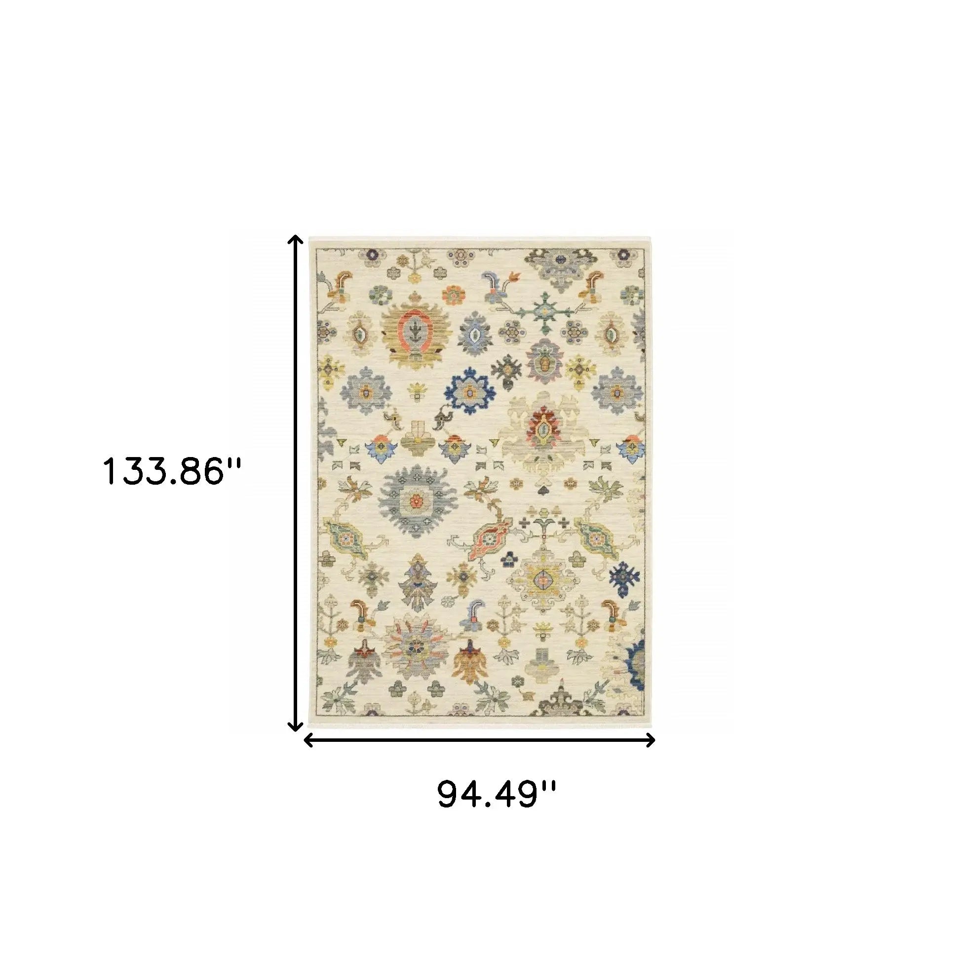 8' X 11' Ivory Beige Gold Grey Blue Pink Red Rust And Green Oriental Power Loom Stain Resistant Area Rug With Fringe - Homeroots - Flyclothing LLC