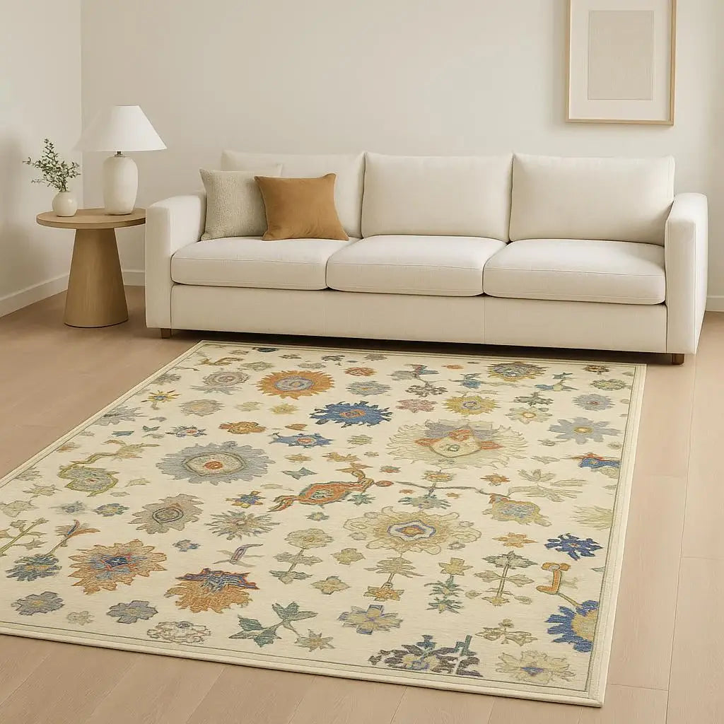 8' X 11' Ivory Beige Gold Grey Blue Pink Red Rust And Green Oriental Power Loom Stain Resistant Area Rug With Fringe - Homeroots - Flyclothing LLC