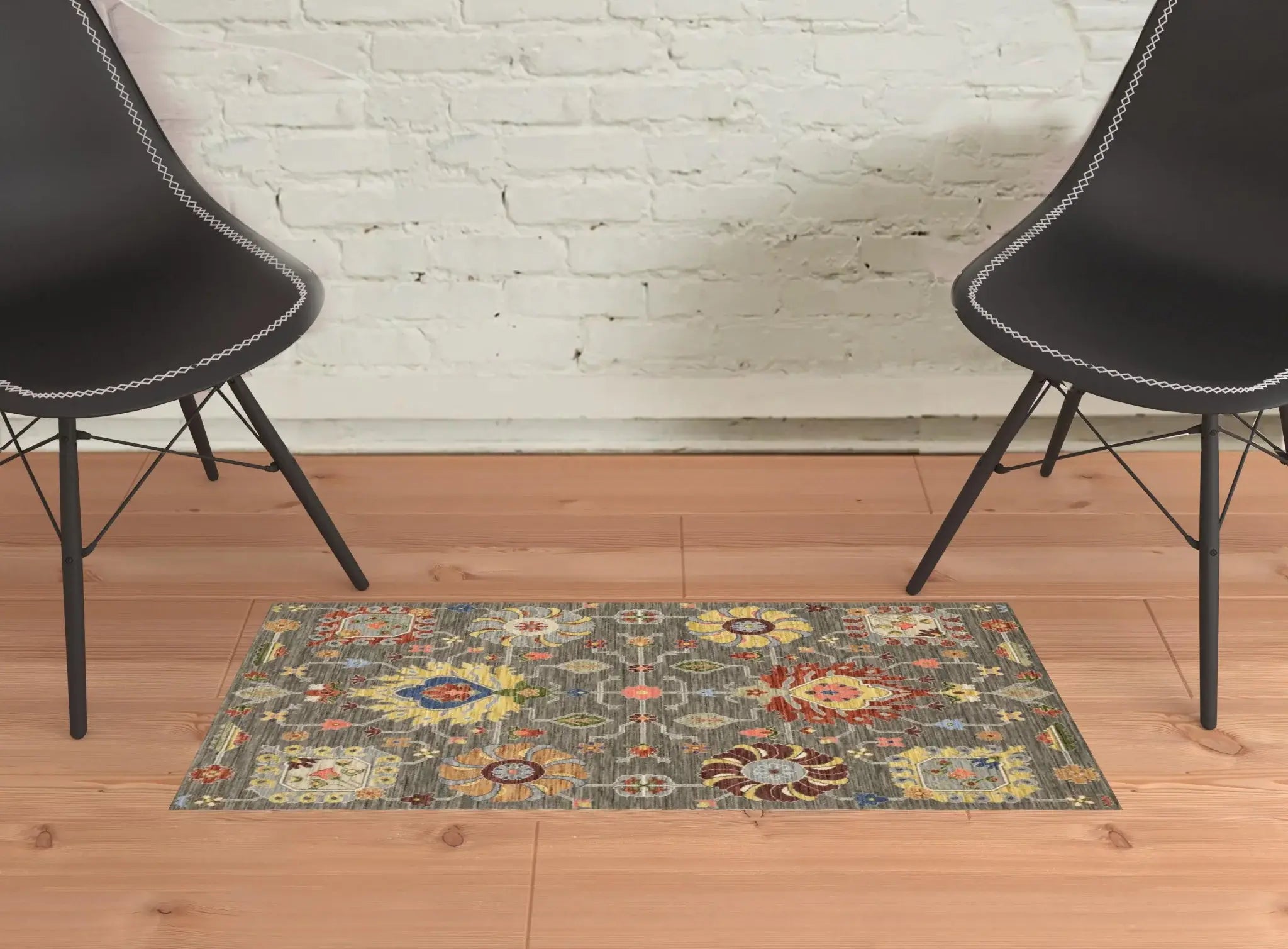 2' X 3' Grey Charcoal Yellow Blue Rust Red Pink Green And Ivory Oriental Power Loom Stain Resistant Area Rug With Fringe - Homeroots - Flyclothing LLC
