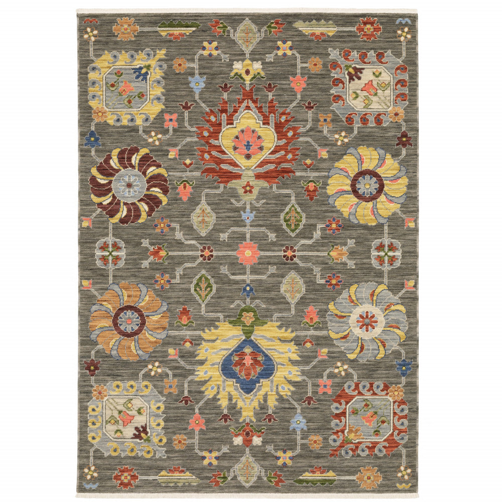 2' X 3' Grey Charcoal Yellow Blue Rust Red Pink Green And Ivory Oriental Power Loom Stain Resistant Area Rug With Fringe