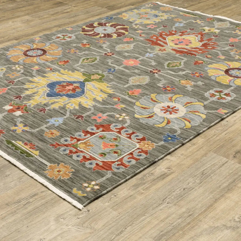2' X 3' Grey Charcoal Yellow Blue Rust Red Pink Green And Ivory Oriental Power Loom Stain Resistant Area Rug With Fringe - Homeroots - Flyclothing LLC
