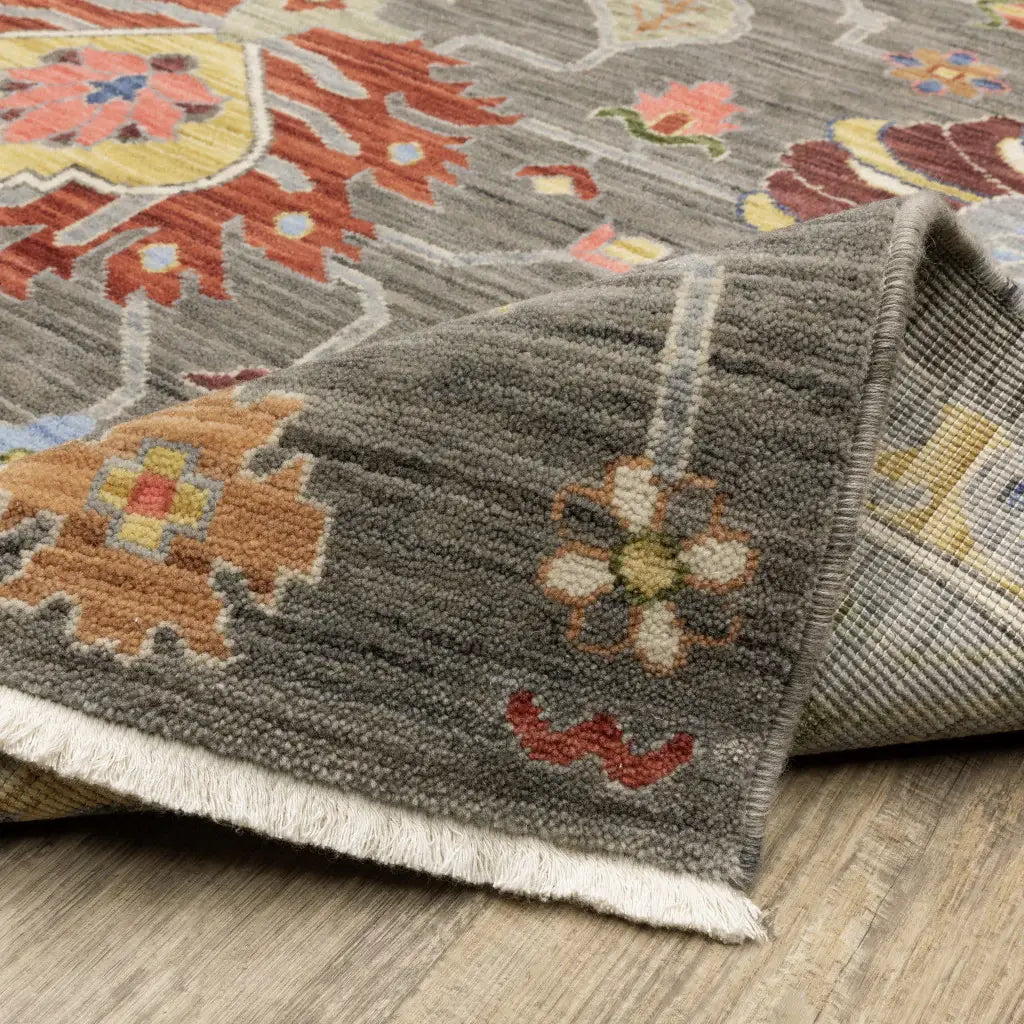 2' X 3' Grey Charcoal Yellow Blue Rust Red Pink Green And Ivory Oriental Power Loom Stain Resistant Area Rug With Fringe - Homeroots - Flyclothing LLC