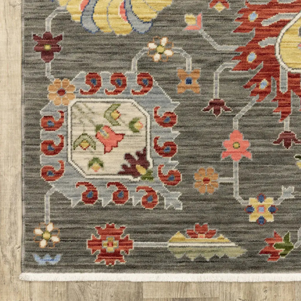 2' X 6' Grey Charcoal Yellow Blue Rust Red Pink Green And Ivory Oriental Power Loom Stain Resistant Runner Rug With Fringe - Homeroots - Flyclothing LLC