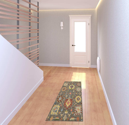 2' X 6' Grey Charcoal Yellow Blue Rust Red Pink Green And Ivory Oriental Power Loom Stain Resistant Runner Rug With Fringe - Homeroots - Flyclothing LLC