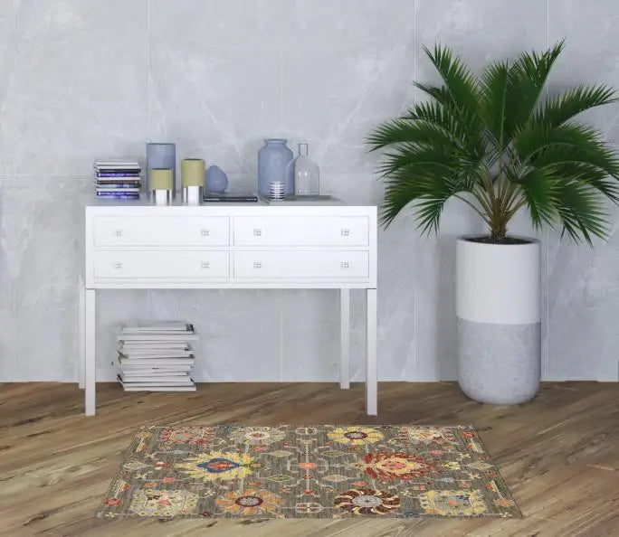 3' X 5' Grey Charcoal Yellow Blue Rust Red Pink Green And Ivory Oriental Power Loom Stain Resistant Area Rug With Fringe - Homeroots - Flyclothing LLC