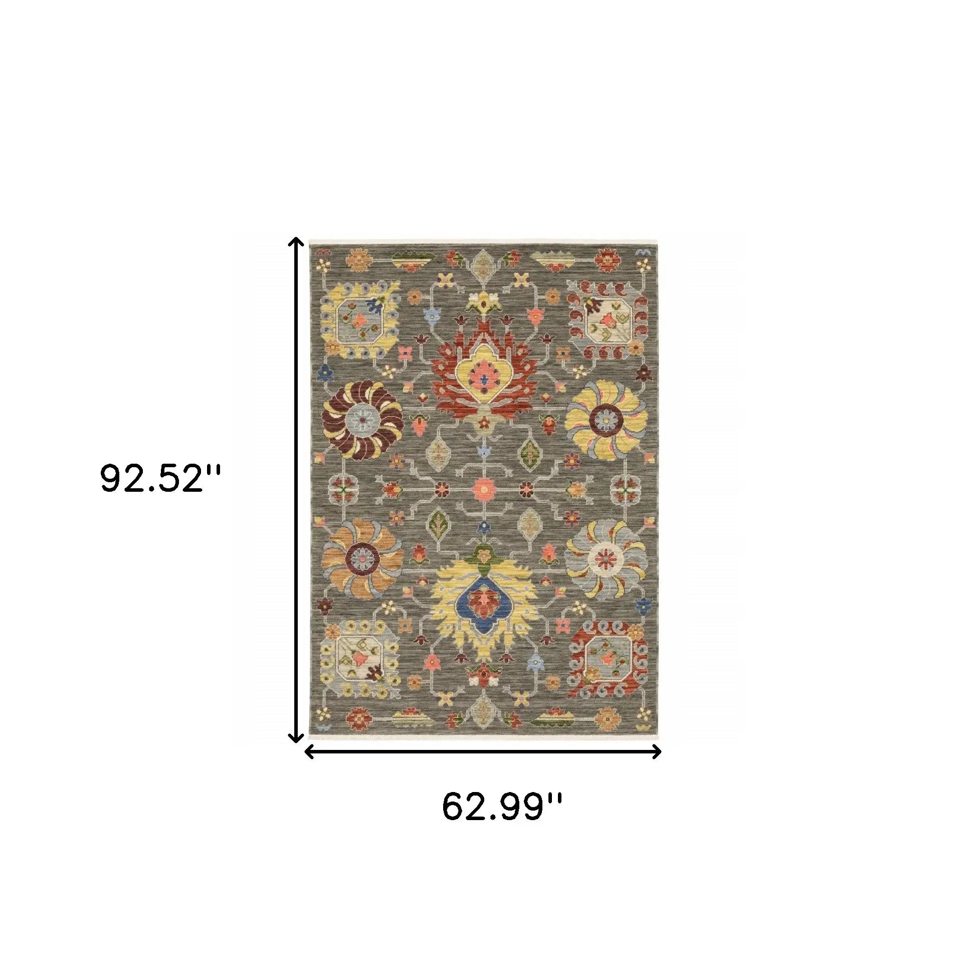 5' X 8' Grey Charcoal Yellow Blue Rust Red Pink Green And Ivory Oriental Power Loom Stain Resistant Area Rug With Fringe - Homeroots - Flyclothing LLC